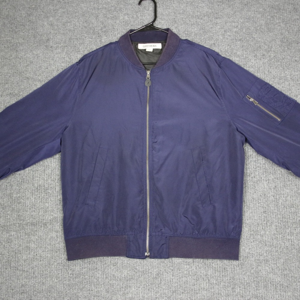 GOODTHREADS Mens Bomber Jacket Navy Blue L Zip Front Casual‎ Outerwear